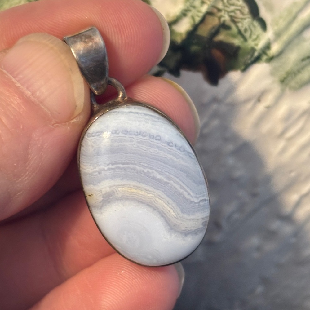 Sterling Silver Blue Lace Agate Pendant Natural Banded Stone